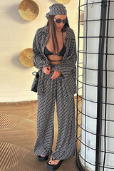 Graphic Print Long Sleeve Blouse Wide Leg Pants Matching Set-Black