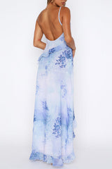Floral Print V Neck Backless Flounce Asymmetric Hemline Party Slip Maxi Dresses-Blue