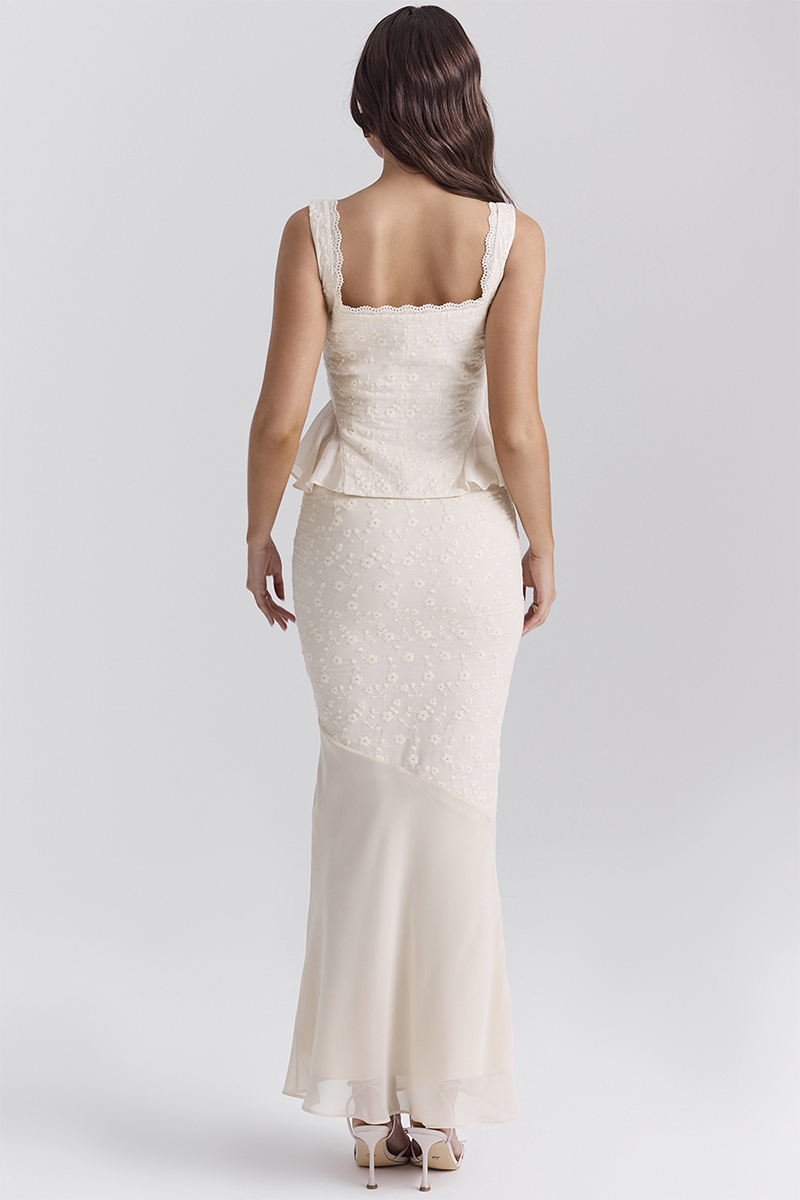 Floral Embroidery Ruffled Top Bodycon Maxi Skirt Matching Set-Ivory
