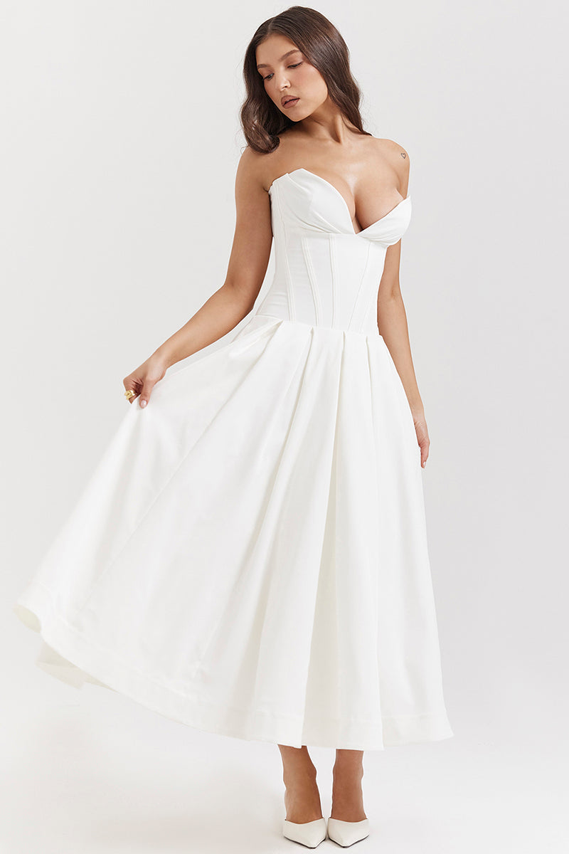 Deep V Neck Strapless Corset A-Line Pleated Midi Dresses-Black