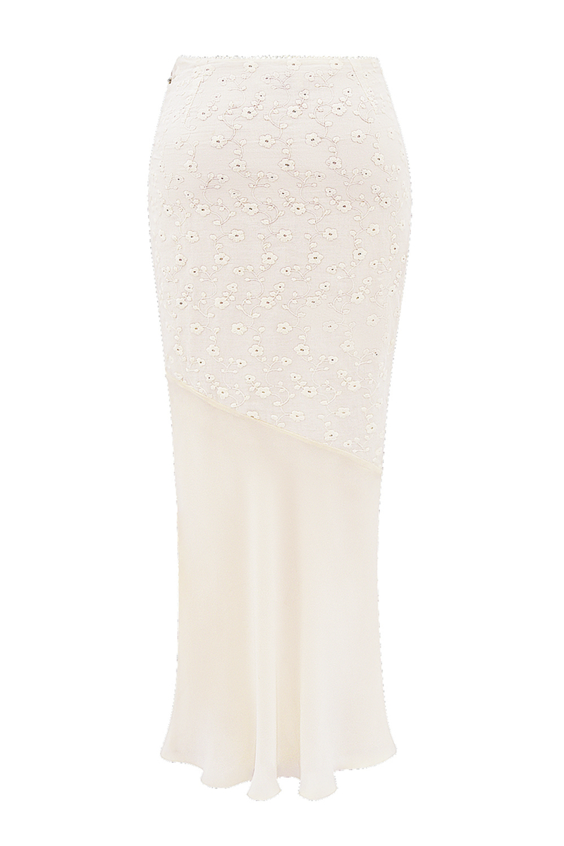 Floral Embroidery Ruffled Top Bodycon Maxi Skirt Matching Set-Ivory