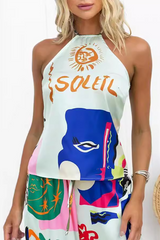 Sleeveless Halter Top Mixed Prints Wide Leg Pants Matching Set-Green