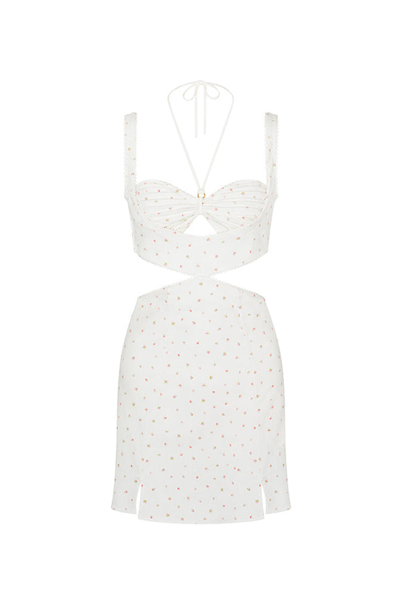 Halter Strap Quilted Cutout Floral Print Mini Dresses-White Pre Order