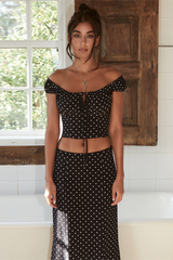 Polka Dot Print Tie Up Crop Top Slim Fit Maxi Skirt Matching Set-Black