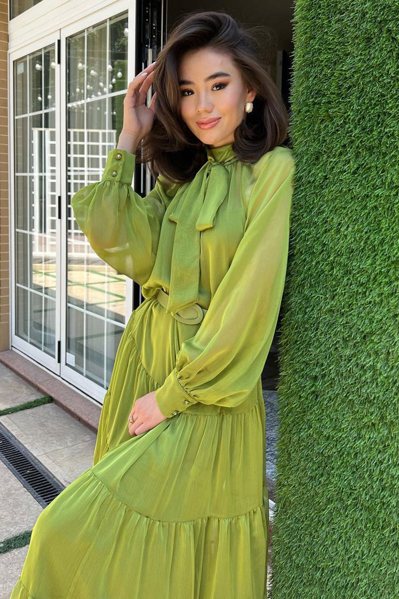 Long Bell Sleeve Mesh Knotted High Neckline Tiered Maxi Dresses