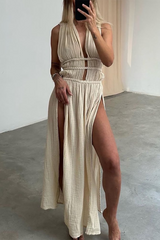 Braided Cinch Waist High Slit Sleeveless Maxi Dresses-Beige