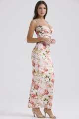 Floral Print Lace Trim Spaghetti Strap Back Slit Hem Slim Fit Maxi Dresses-Pink