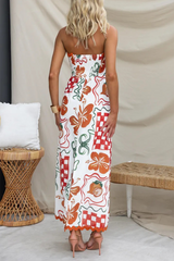 Mixed Prints Wavy Trim A-Line Vacation Strapless Maxi Dresses-White