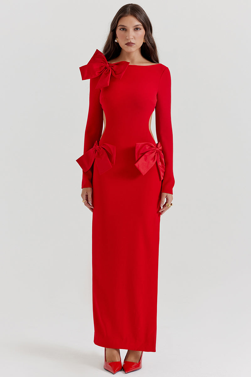 Bow Decor Long Sleeve Backless Slim Fit Side Slit Gowns Maxi Dresses-Red