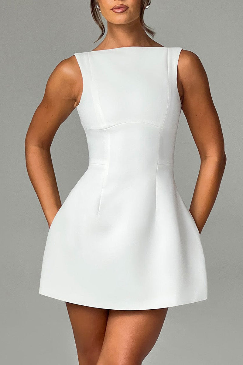 Solid Color A-Line Backless Mini Tank Dresses-White