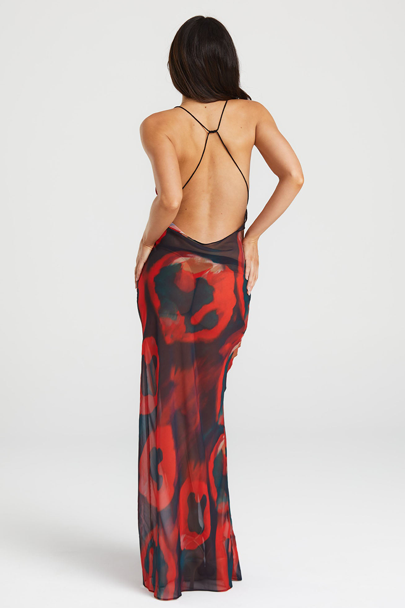 Abstract Print Cowl Neckline Backless Slip Maxi Dresses-Red Pre Order