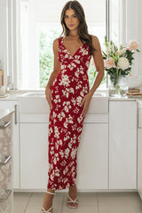 V Neck Sleeveless Floral Print Waist Tie Up Maxi Dresses