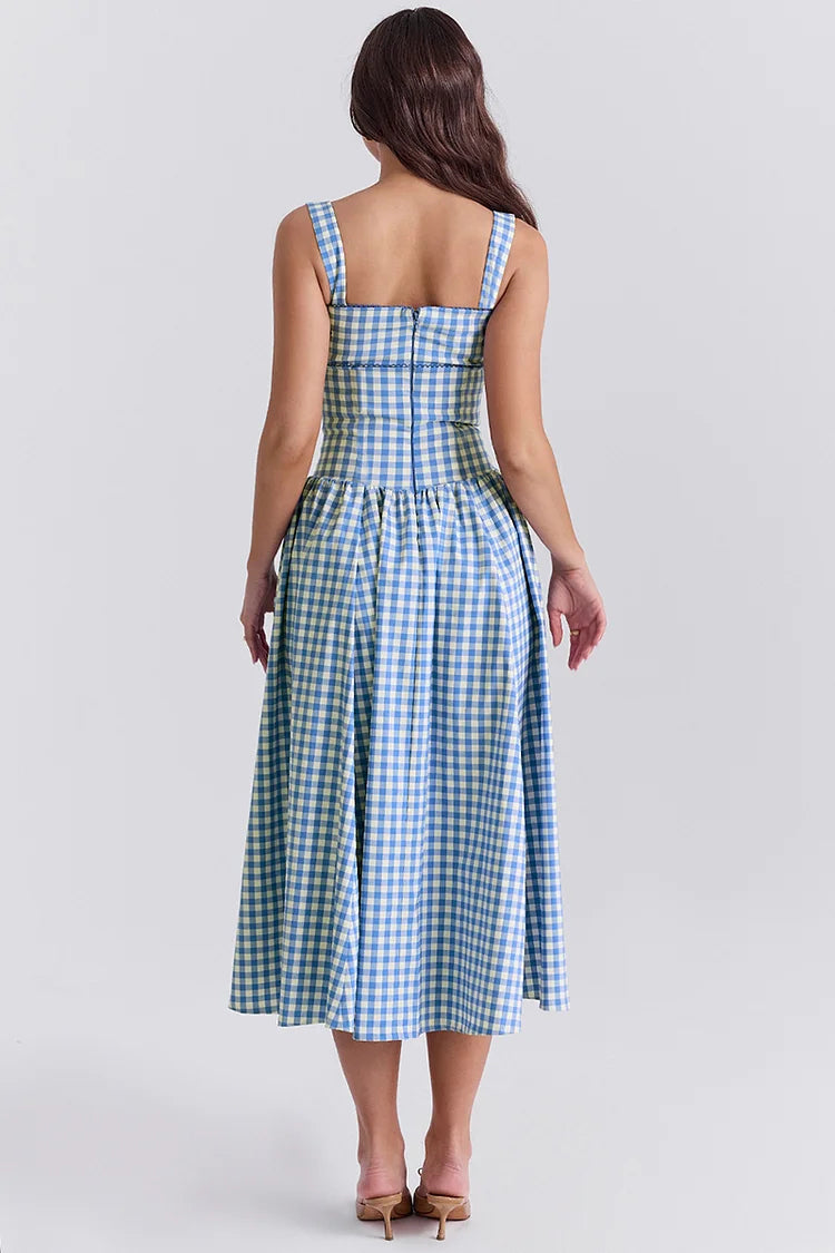 Plaid Print Spaghetti Strap Square Neck Pocket Midi Dresses-Blue