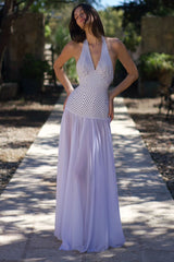 Halter V Neck Polka Dot Patchwork Party Maxi Dresses-Purple