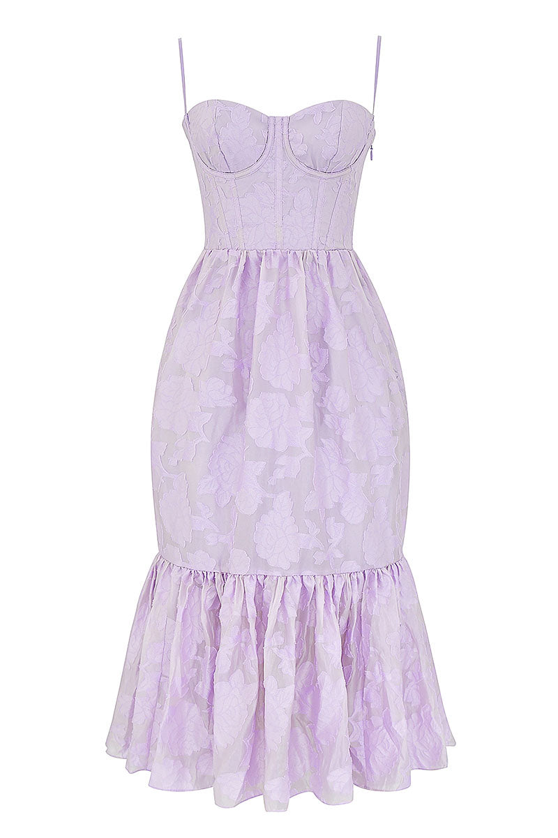 Square Neck Floral Jacquard Lace Up Corset Midi Dresses-Purple