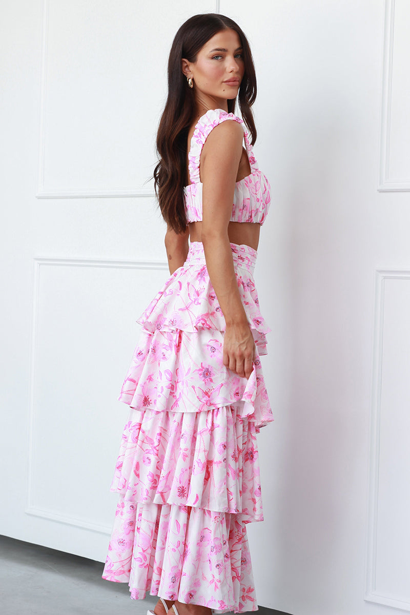 Square Neck Ruched Sleeveless Crop Top High Waist Layered Maxi Skirt Floral Print Matching Set