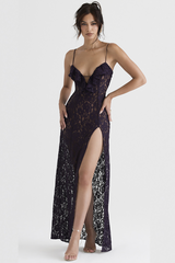 Floral Jacquard Lace Ruffled Deep V Neck High Slit Maxi Slip Dresses-Black