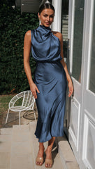 Turtleneck Sleeveless Satin Midi Dresses