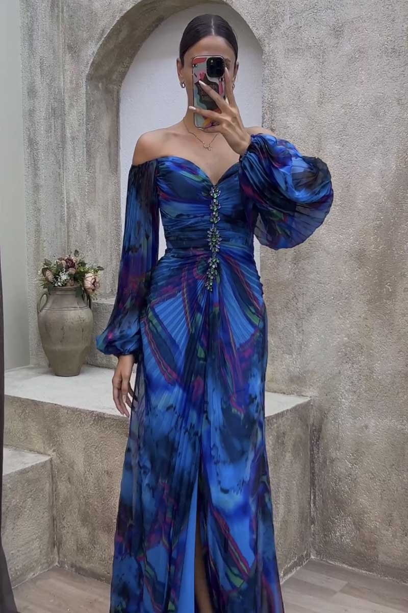 Pattern Print Pleated Off Shoulder Lantern Sleeve Slit Gowns Maxi Dresses-Yellow