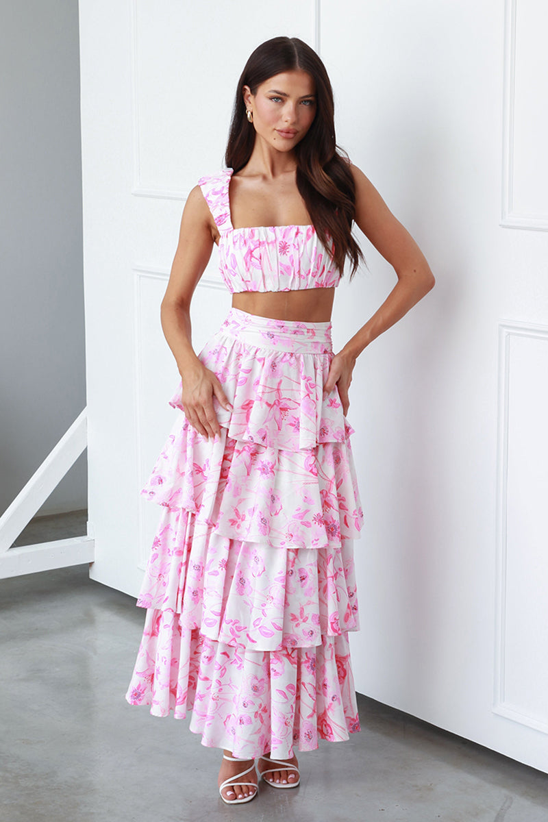 Square Neck Ruched Sleeveless Crop Top High Waist Layered Maxi Skirt Floral Print Matching Set