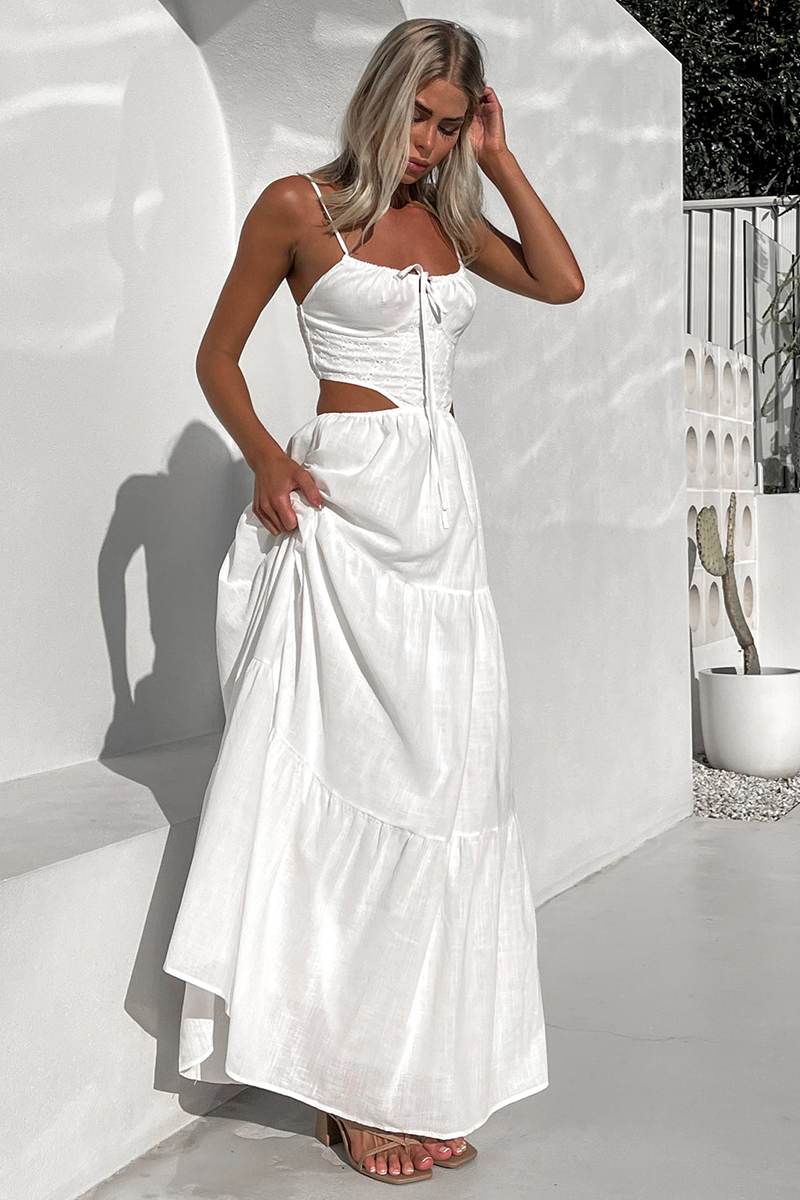 Spaghetti Strap Front Tie Up Cutout A-Line Maxi Dresses-White