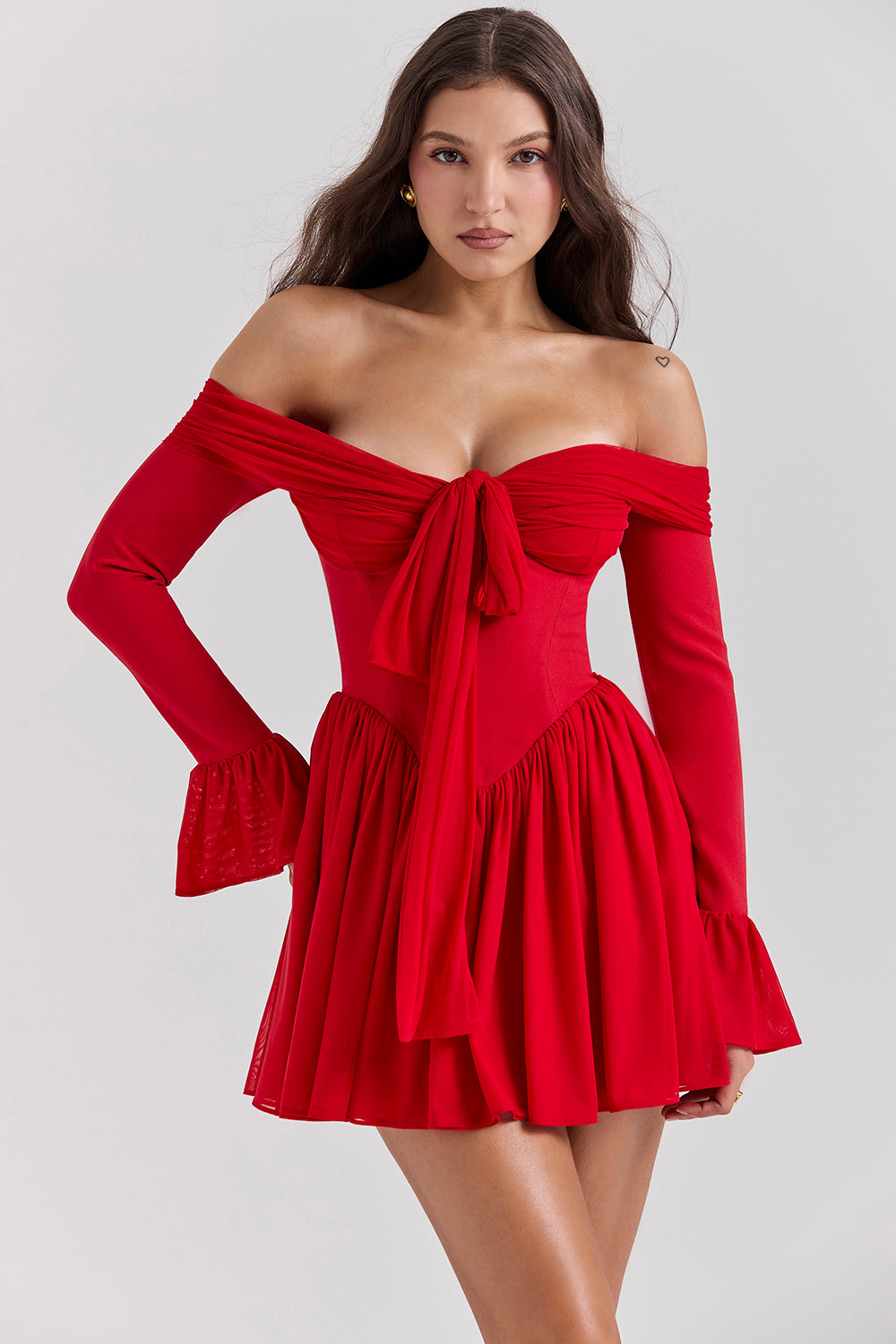 Off Shoulder Long Flare Sleeve Patchwork Knotted Pleated Hem Party Mini Dresses-White