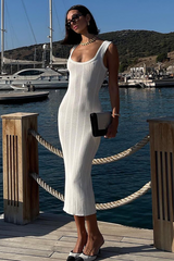 Pleated Knit Square Neck Bodycon Midi Tank Dresses-White