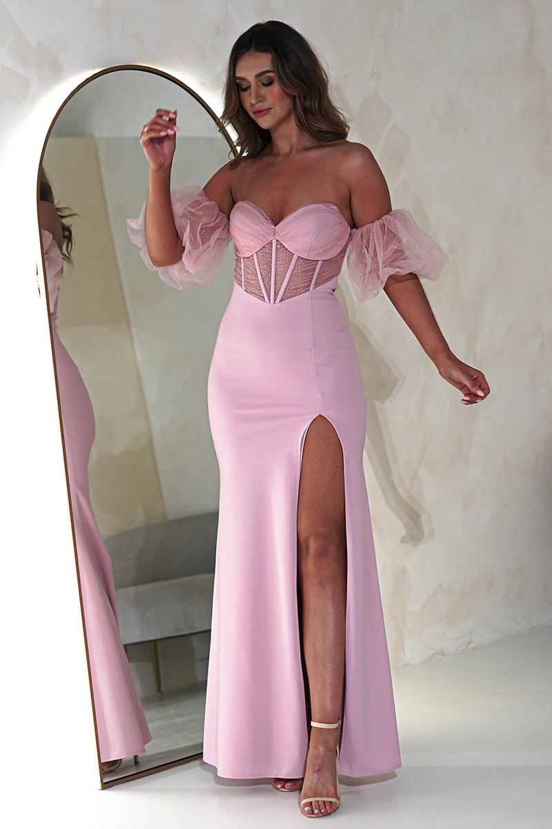 Tulle Patchwork Puff Sleeve Corset High Slit Maxi Dresses-Pink