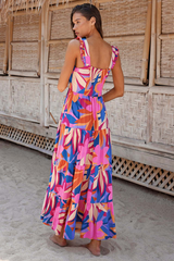 Wide Straps Square Neck Floral Print A-Line Flowy Maxi Dresses-Pink