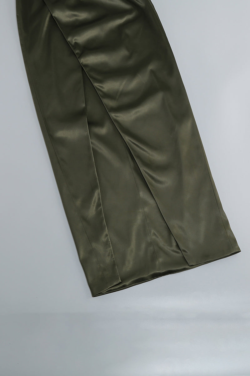 Irregular Neck Seam Corset Strapless High Slit Satin Evening Gown Slim Maxi Dresses