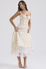 Ditsy Floral Print Sweetheart Neckline A-Line Lace Trim Slip Midi Dresses-White