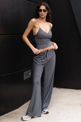 Drawstring Sweetheart Neck Cami Tank Top Wide Leg Pants Matching Set-Grey