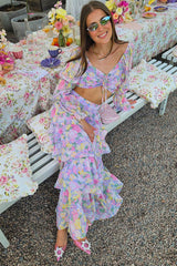 Tie Up Crop Top Layered Maxi Skirt Floral Matching Set-Purple Pre Order