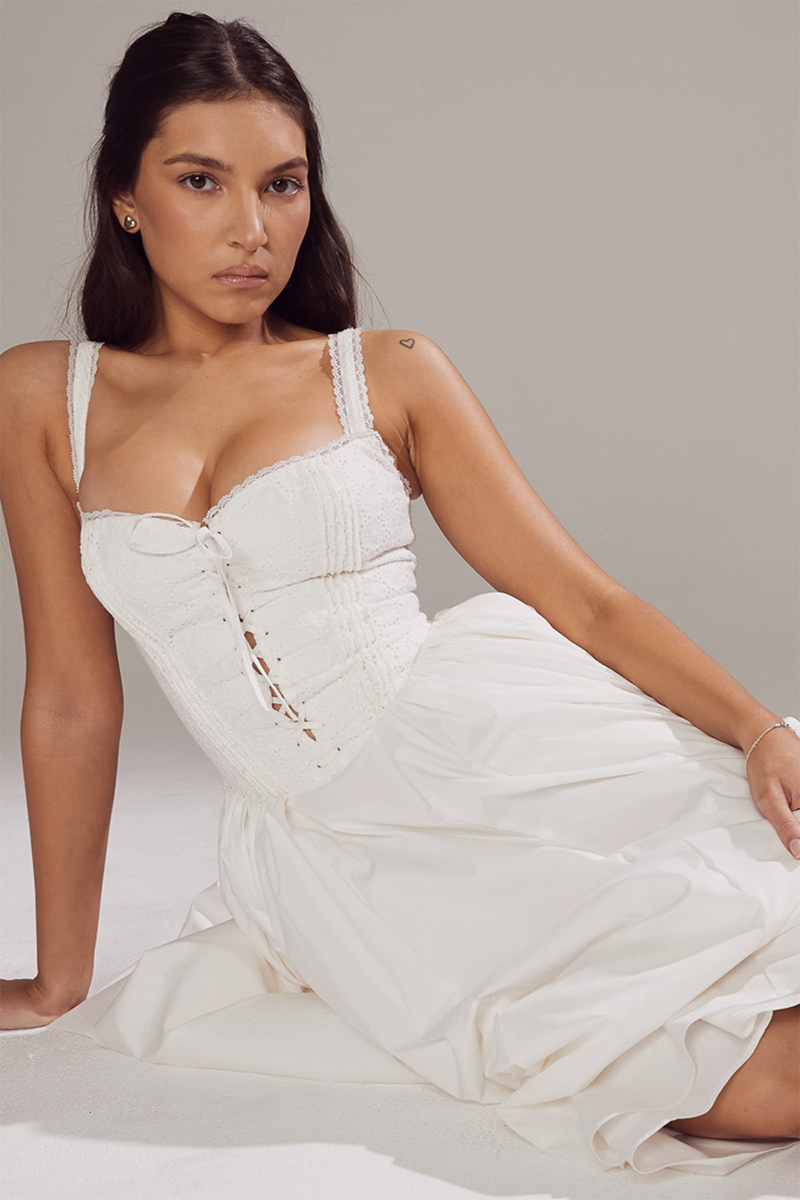 Lace Trim Front Lace Up Corset A-Line Slip Midi Dresses-White Pre Order