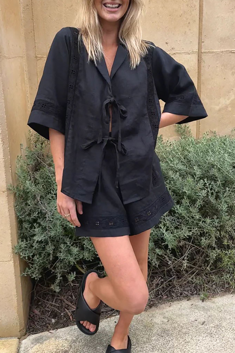 Half Sleeve Tie Up Blouse Hollow Out Shorts Matching Set-White