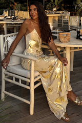Bronzing Pattern Deep V Neck Backless Maxi Strappy Dresses-Gold