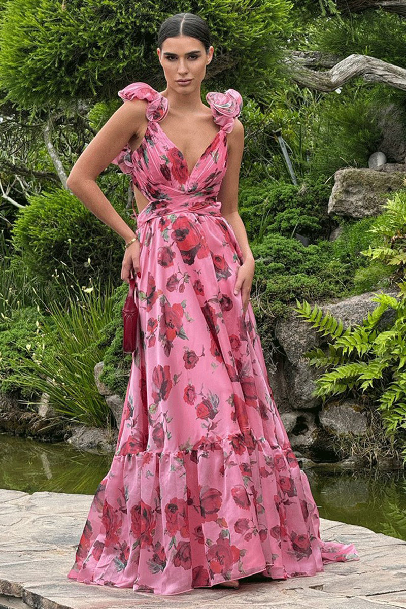 Ruffle Lace Up Backless Floral Print Vacation Maxi Dresses-Pink
