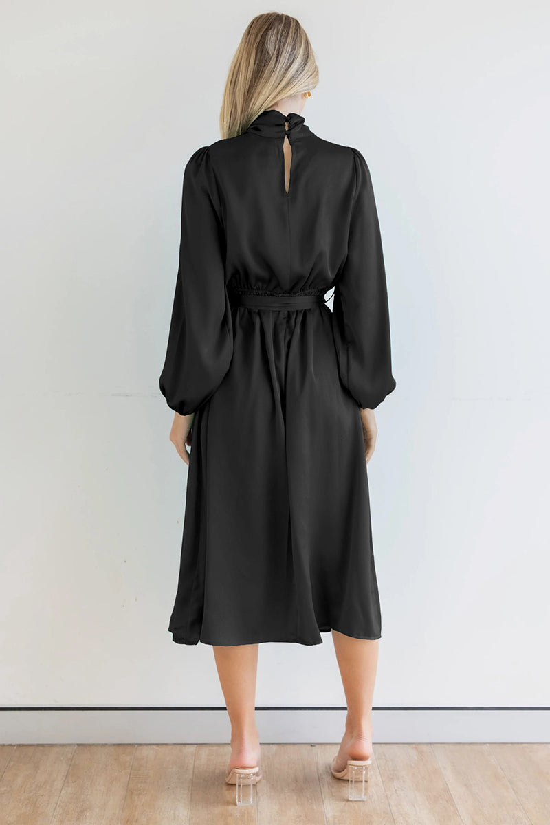 Ruched Knotted Long Sleeve Satin Midi Dresses