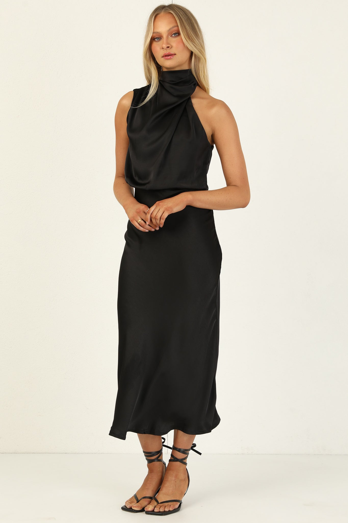 Turtleneck Sleeveless Satin Midi Dresses