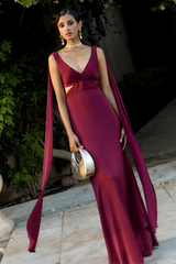 Deep V Neck Streamer Backless Gowns Maxi Tank Dresses-Burgundy