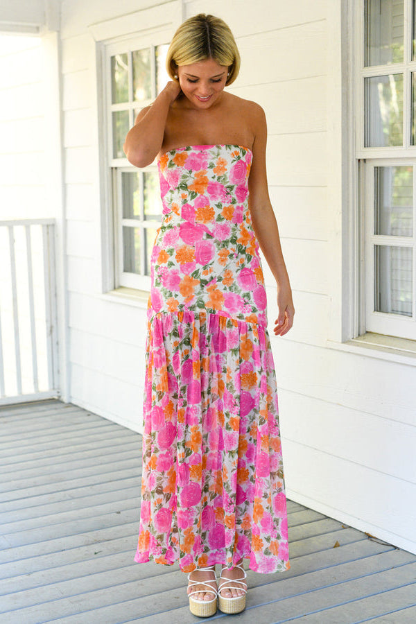 Floral Print Strapless Slit Side Flowy Maxi Dresses-Pink