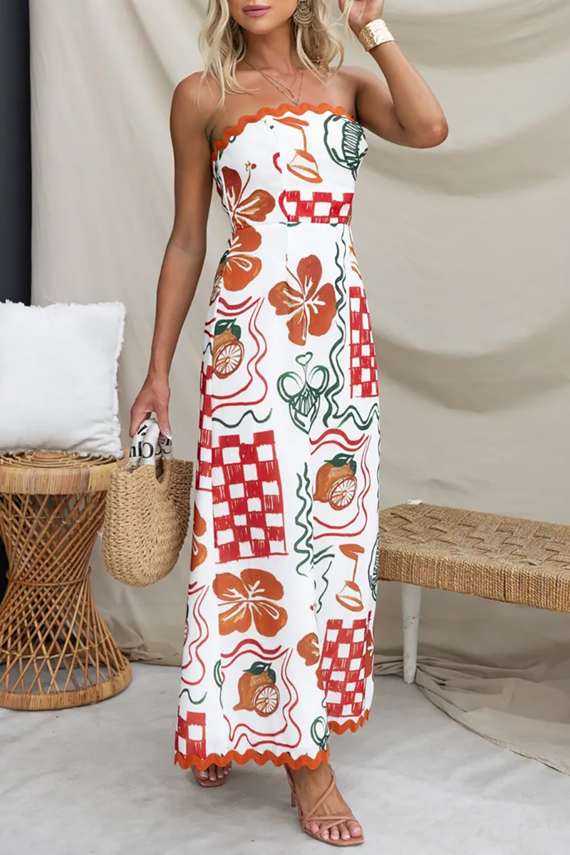 Mixed Prints Wavy Trim A-Line Vacation Strapless Maxi Dresses-White