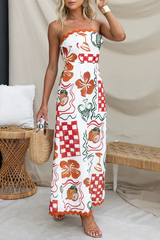 Mixed Prints Wavy Trim A-Line Vacation Strapless Maxi Dresses-White
