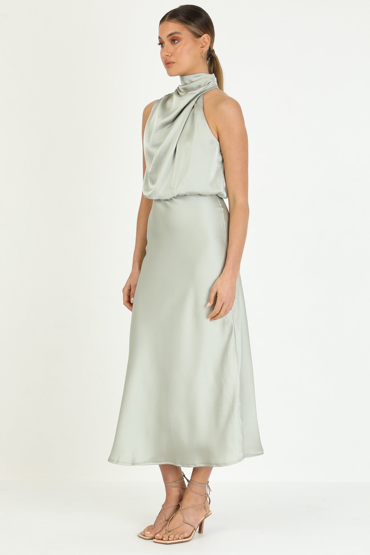 Turtleneck Sleeveless Satin Midi Dresses