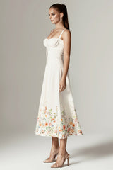 Floral Print Gathered Bust Corset A-Line Midi Slip Dresses-White