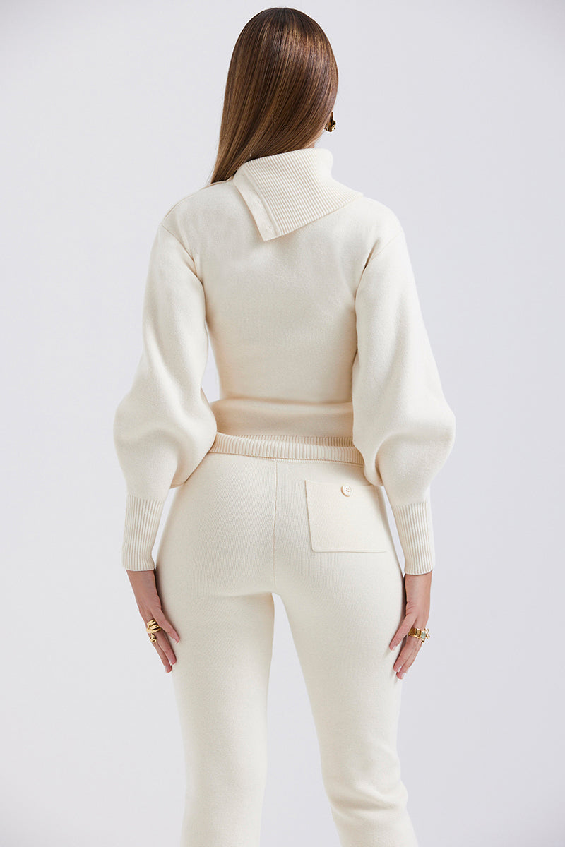 Irregular Folded Stand Collar Lantern Sleeve Sweater Plain Pants Matching Set-Beige