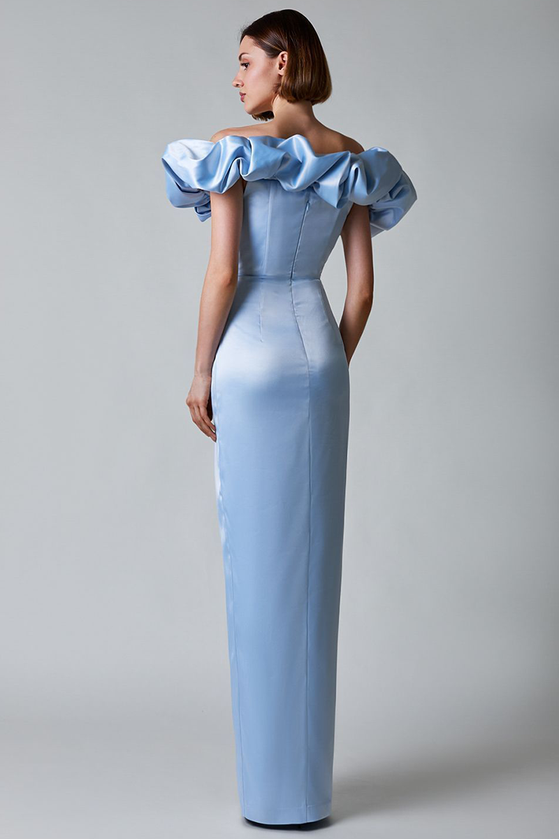 Puffy Ruffled Trim Off Shoulder Corset Slit Formal Party Maxi Dresses-White