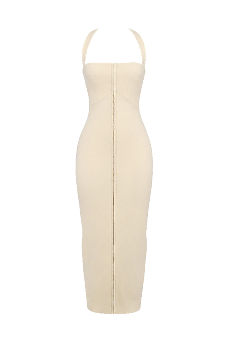 Halter Neck Backless Zipper Split Formal Party Maxi Dresses-Beige