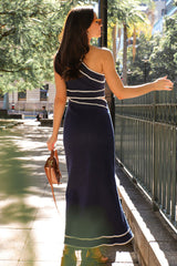 One Shoulder Ric Rac Trimmings Sleeveless Maxi Dresses-Navy Pre Order