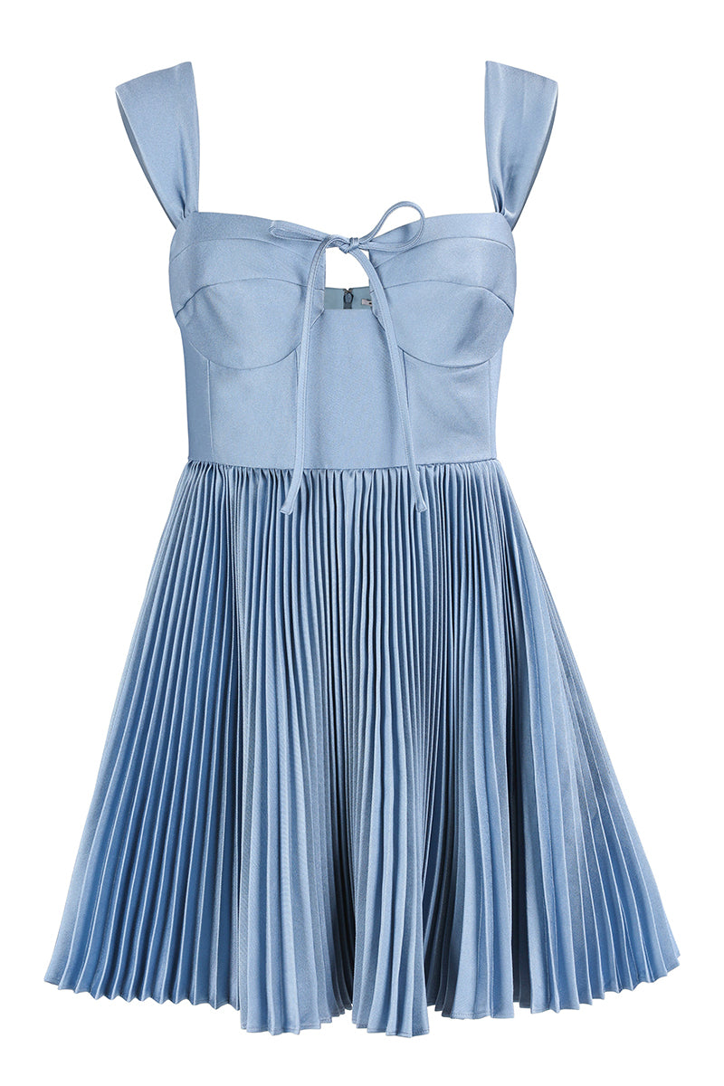 Tied Up Pleated Sweetheart Neck A-Line Mini Cami Dresses-Blue Pre Order